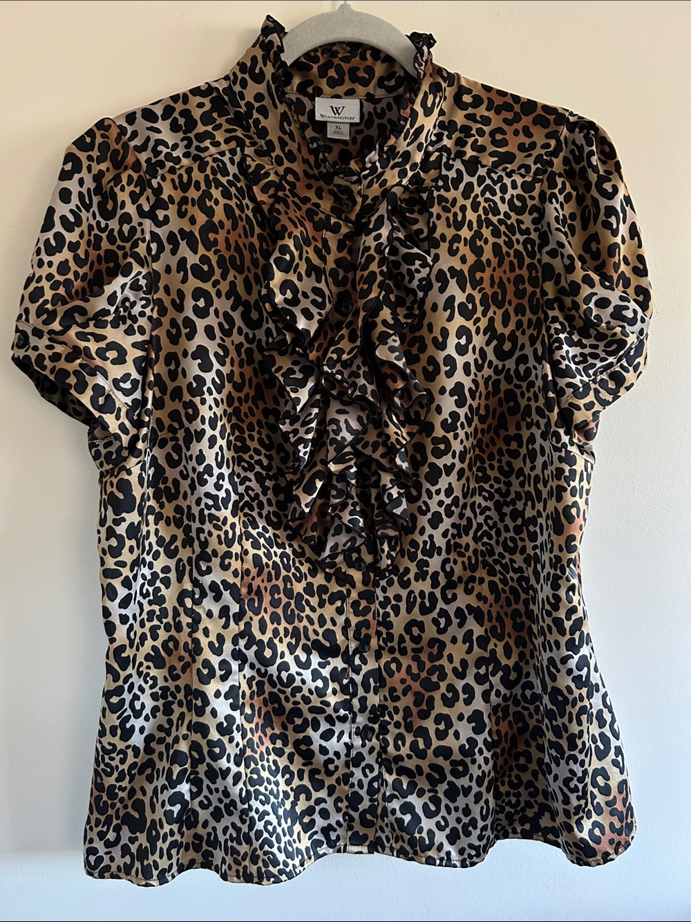 Worthington Leopard Ruffle Short Sleeve Blouse Button Down, Size XL